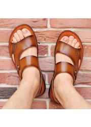 2022 summer new fashion men shoes vintage genuine leather non-slip beach slip-on sandals travel flip-flops black brown