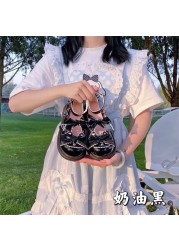 Kawaii بنات لوليتا أحذية موضة 2022 النمط الياباني PU المرقعة ماري جينس Bowknot جميل القلب مشبك الصلبة Zapatillas Mujer