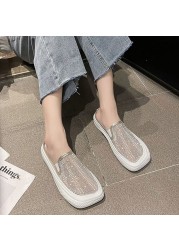 Rimocy Crystal Breathable Mesh Mules Shoes Women Summer Comfort Soft Bottom Platform Shoes Woman Square Toe Non-slip Beach Shoe