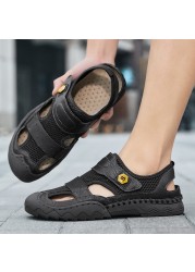 Classic Mens Sandals Summer Hollow Breathable Male Beach Sandals Handmade Men Outdoor Casual Sandalia Non-slip Man Mesh Shoes