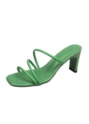 Yellow Green Summer Women Square Toe Sandals Ladies Snake Print Strappy Mules 6cm High Heels Slippers Female Fashion Women Shoes