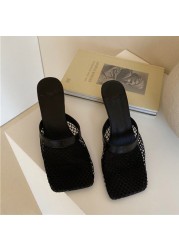 Sexy Hollow Mesh Heels Women Square Head Stiletto New Pumps Sandals Slippers Breathable Plain Banquet Dress Muller Women Shoes