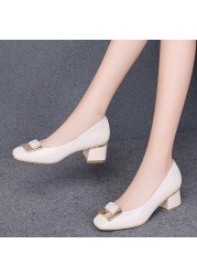 Newest Fashion Women Shoes 2021 Spring Thick High Heel Pumps Female Genuine Leather Office Lady Party Shoes for Woman M0251