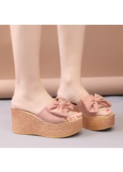 Lucyever thick bottom bowknot slippers women 2022 summer fashion wedges slides woman flat with platform flip flops sapatos mujer