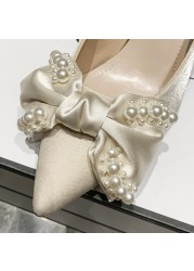 Lucifer Women Pearl Bowknot Stiletto Heel 2022 Pointed Toe Silk Wedding Party Shoes Elegant Feminine Shallow Mouth Shoes