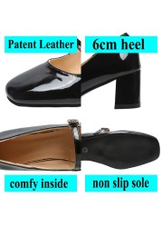 Lucifer Mary Janes Patent Leather Women Shoes Crystal Buckle 2022 Solid Color Chunky Heel Women Shoes Black Red