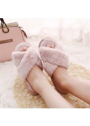 Women Fluffy Winter Sandal Cross Velor Open Toe Sandal Soft Warm Flat Shoes Faux Fur Slippers Home Women's Shoes WJ004