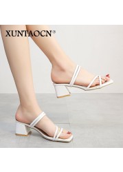 New 2022 Female Sandals Sexy Summer Slippers Ladies High Heels Square Open Toe Slides Party Shoes Women Sandals for Women