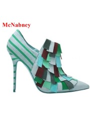 Newest Fringe Thin Heels Women's Pumps Pointed Toe High Heel Shoes Striped Women Shallow Party Shoes Mixed Colors Slip On Pumps