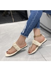 Lucyever 2022 Summer Clip Toe Flat Slippers Women Pleated Pu Leather Square Toe Sandals Woman Solid Outdoor Flip Flops Mujer 43