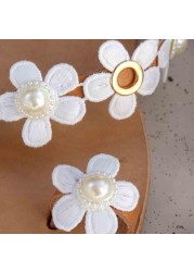 Women Bohemia Flower Flat Summer Sandals Shoes Slippers Ladies Girls Gladiator Sandals Pearl Shoes Sandalias Mujer Flip Flop 44