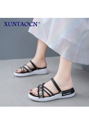 Slippers Women Summer Flat Shoes Female String Bead Pantofle Lady Slides Fashion Low 2022 Girl Luxury Fabric Rubber Rome Hoof He