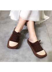 Half slippers women 2021 spring and summer new cool slippers contrast color retro handmade square lace up soft-soled shoes