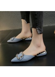 Fashion Women's Flat Shoes Pointed Toe Buckle Square Thick Heel Mules