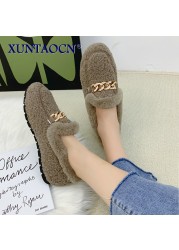 woman slippers summer sandals fox fur slides mules black shoes for women loafer 2022 home shoes spring outdoor block heel