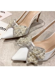 Rimocy Women's High Heels Pearls Shoes 2022 Spring Summer Thin High Heels Women Shoes Crystal Pointed Toe Wedding Shoes