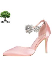 BIGTREE Shoes Women Rhinestone High Heels Woman Pumps Stiletto Silk Satin Women Heels Shoes Ladies Wedding Shoes Women Sandals