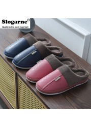 Couples Women Men Winter Slippers Home Cotton Shoes For Lovers Men Indoor Slippers Plush Warm Indoor PU Leather Waterproof Unisex