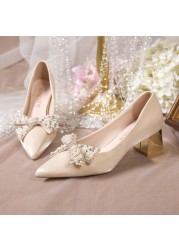 Rimocy Luxury High Heels Pearl Bowknot Women Pumps Pointed Toe Rhinestone Wedding Shoes Woman Champagne Silk Dress Party Pumps