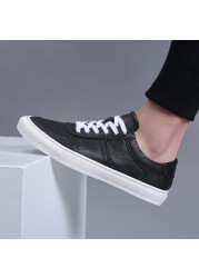 Genuine Leather Men's Sneakers Casual Canvas Shoes Breathable Ventilation Footwear Fashion Male Sneaker Black and White