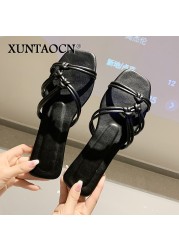 2022 Slippers women summer  Korean version new square-toe flat-heel candy color fashion outer wear sandals slippers