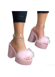 Ladies beach sandals banquet women's new fur rubber high-heeled platform sandals outdoor leisure buckle slippers