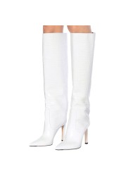 Size 34-43 Women Super Fiber Stone Pattern Knee High Boots Pointed Toe Thin Heel Slip On Party Club Winter Women's Girl Shoes