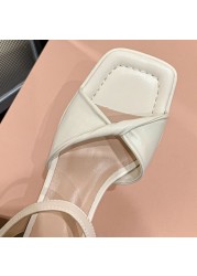 REAVE CAT Soft Comfortable Leather Women Sandals Square Toe Chunky Heels Pleated Buckle Strap 34-39 White Summer Elegant S3662