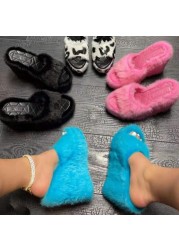 New luxury brand women feminine high heels fur pull outdoor all-match shoes slippers round head wedges with mink fur slippers