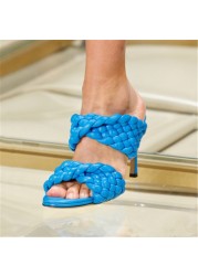 Slippers Female Woven Leather Sandals Open Toe High Heels Twist Open Heel Women Summer Slippers Slip On Out Door Shoes