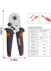 Hexagonal Ferrule Wire Stripping Tool Ferrule Crimping Tool HSC8 6-6 Self-Adjustable Raising Crimper for AWG23-10(0.25-6.0mm²)