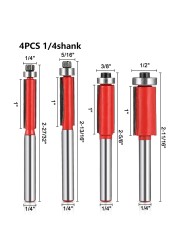 4pcs 6mm Shank 1/2" Flush Trimming Router Bit with Bearing for Wood Tungsten Carbide Milling Wood Cutting Machine Woodworking Tools