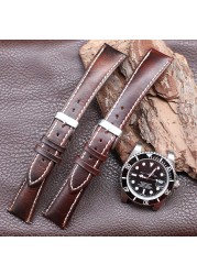 Retro Cowhide Watch Strap 20mm 22mm Red Brown Dark Coffee Half Arc Deformed Oil Wax Genuine Leather Strap Watchband Replacement Strap