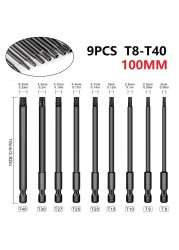 9PCS 100mm Steel Torx Hollow Screwdriver Bits Tool Set 1/4 Hex Torx Socket Set Handle Tools Electric Screw Driver Set