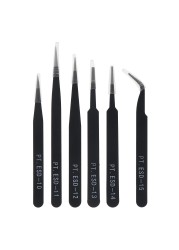 6pcs Stainless Steel Tweezers 1.0mm Anti-static Repair Tool Kit for Electronics Jewelry Fine Craft Cell Phone Stickers Drill