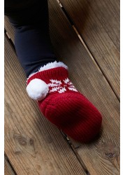 The Little Tailor Babies Red Christmas Fairisle Knitted Booties With Pom Poms