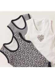 Juniors Printed Sleeveless Bodysuit with Press Button Closure - Set of  3