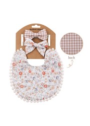 3pcs Children New Baby Plaid Printed Linen Baby Cotton Baby Double-sided Bib Bib Baby Saliva Towel Headband Set