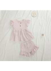 Fashion Baby Dress Clothes Set Newborn Cotton Waffle Princess Girls Top Flying Sleeves Buttons Ruffles A-Line Dress Shorts Set