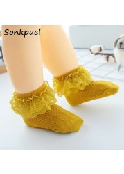 Breathable Cotton Socks with Lace for Little Girl Mesh Ruffle Socks for Kids White Pink Yellow Ankle Socks