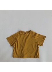 Summer Kids T-shirt Fashion Solid Girls Tees Short Sleeve Cotton Boys Tops Korean Casual Children's Clothing For 1-8Y