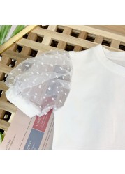 Fashion Summer Baby Girl Cotton T-Shirt Puff Sleeve Toddler Girl Pincess Lace Shirt Short Sleeve Round Neck Tee Solid Blouse