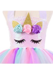 Girl Unicorn Dresses for Girls Tutu Princess Party Dresses with LED Lights Flower Birthday Party Cosplay Costume Girls Clothing