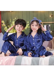 Silk Pajamas for Girls Boy Pajama Sets Summer Autumn Satin Long Sleeve Fashion Gray Pajama Toddler Kid Pajama Sleepwear Suit 3-14Y