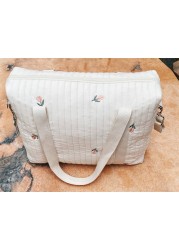 Cute Bear Flower Embroidery Pattern Baby Beige Cotton Fabric Zipper Diaper Handbag 2022 New Luggage Bag