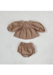 Baby girls clothes set summer spring plaid infant girls clothes set puff sleeve blouse and bloomer 2pcs baby girls suit