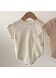 2022 Summer New Toddler Baby Boy Girl Cotton Solid Short Sleeve Bodysuit Toddler Kid Soft Pocket Decorationbodysuits 6M-3T