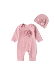 Newborn Baby Long Sleeve Romper 3D Floral Baby Onesie Jumpsuit Newborn Baby Clothes Set Hat Clothes Set