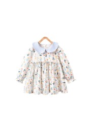 Baby Girls Spring Autumn Flower Printed Dresses Turn-down Collar Dress for Kids Children