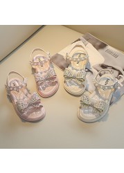 Size 26-36 Children Bowknot Pearl Princess Shoes For Girls Soft Sole Crystal Beach Shoes For Kids Girls Open Toe Light Sandals